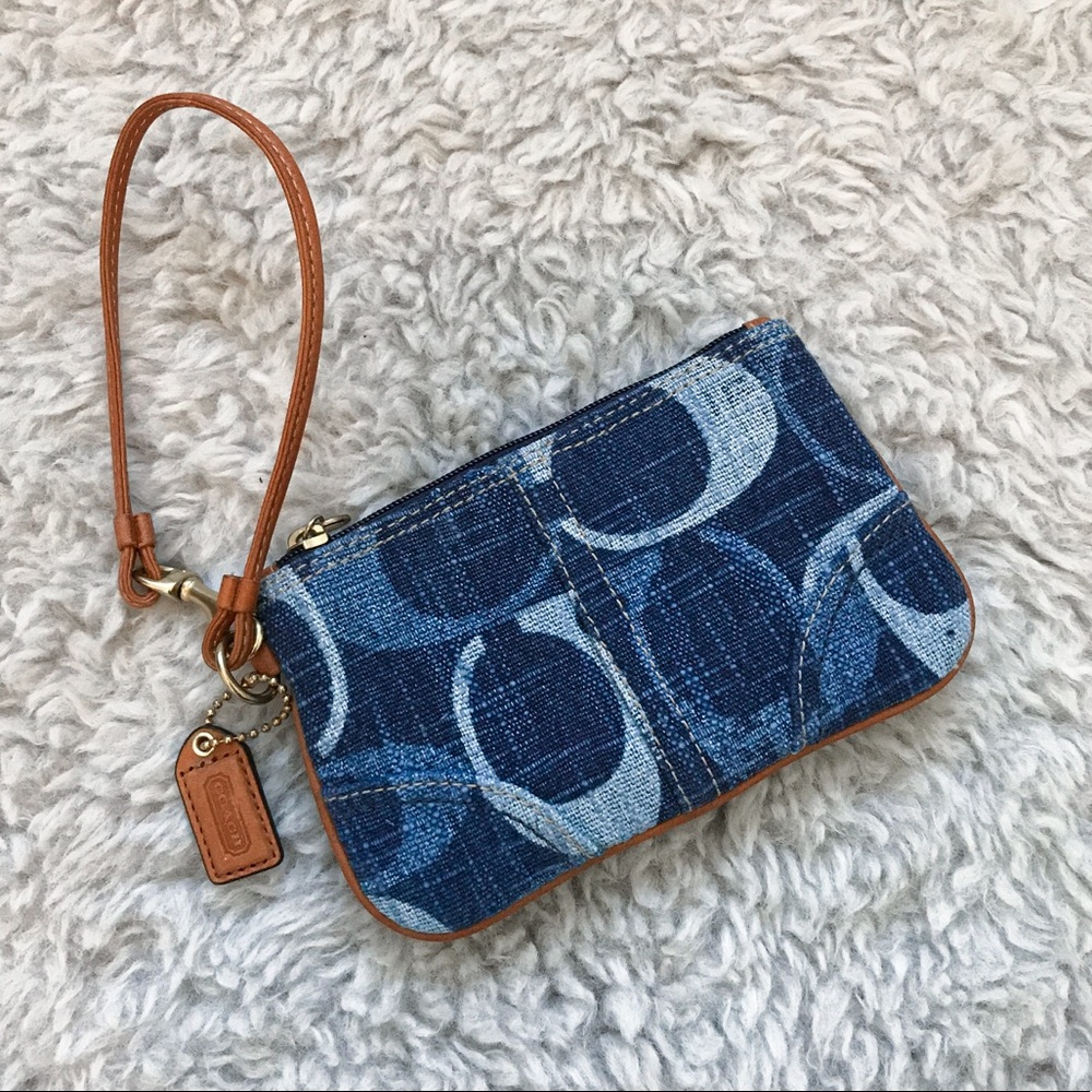 [LIKE NEW] Coach Denim Wristlet with Brown Leather
